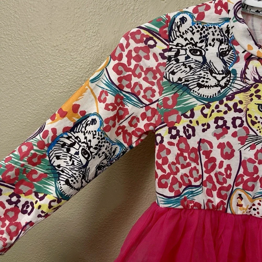 Girl's Leopard Tutu Dress Cat Face Graphic‎ Hot Pink Multi Long Sleeve Size 7